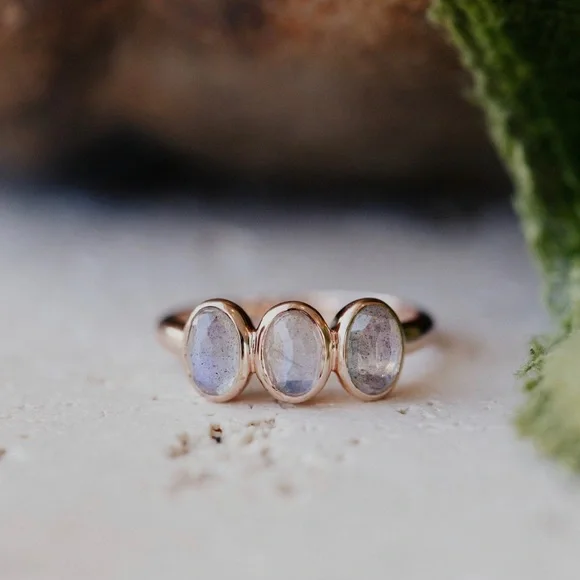 Genuine Natural Labradorite Triple Stone Sterling Silver 14k Gold Ring - Picture 2 of 5